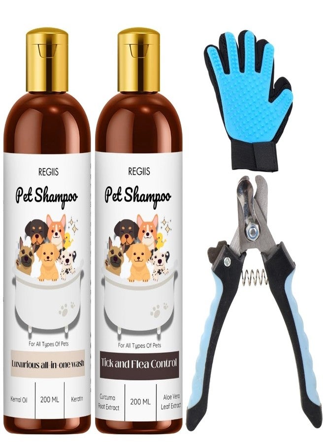REGIIS Pet Grooming Kit, Dog Shampoo Set with Tick and Flea Control, Deshedding Glove, Nail Clippers, 200 ML, All-in-One Bath Supplies for Dogs and Cats(4 Pack) - Image 1